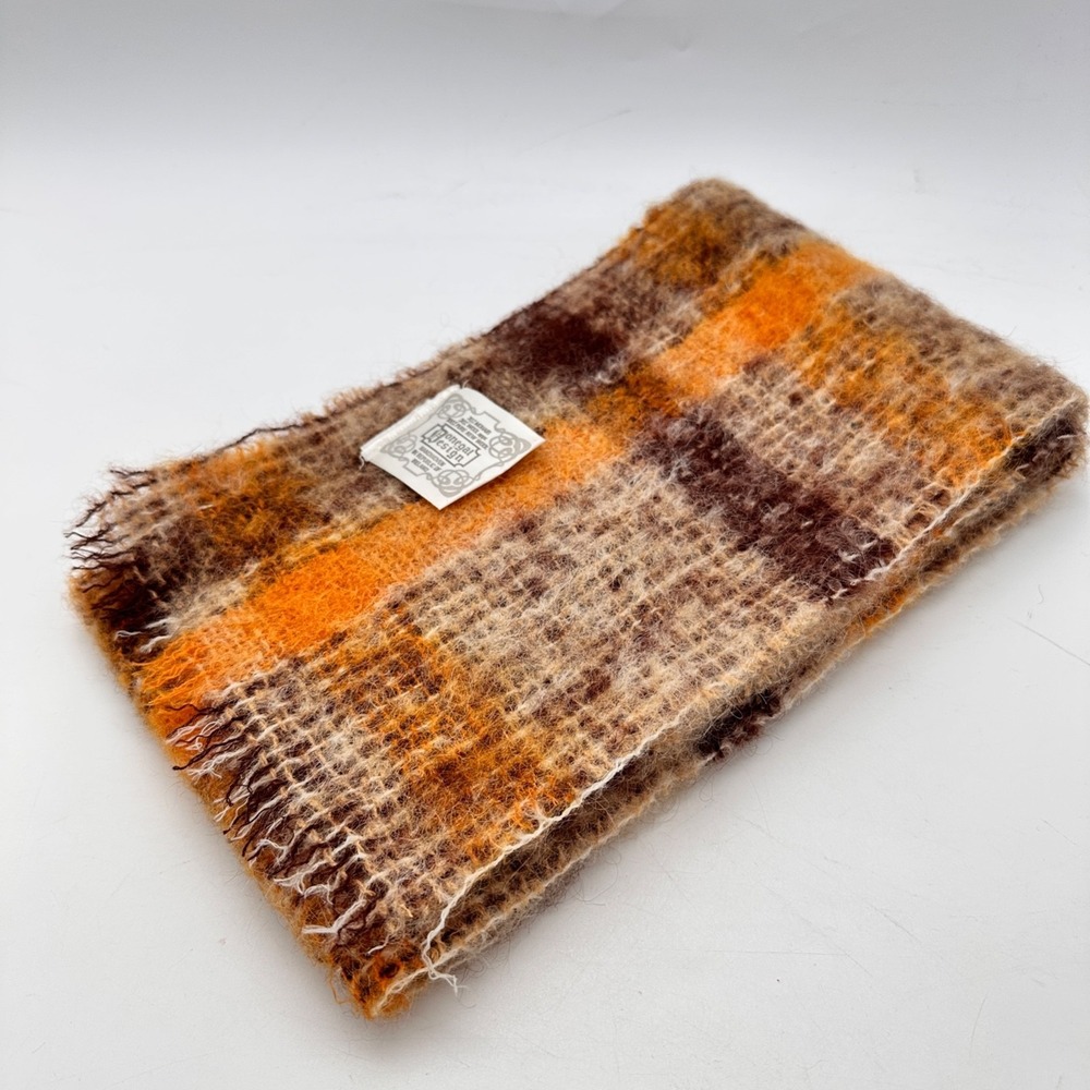 Vintage Donegal Design Mohair Wool Handwoven Scarf Orange Brown Plaid Ireland - Picture 2 of 11